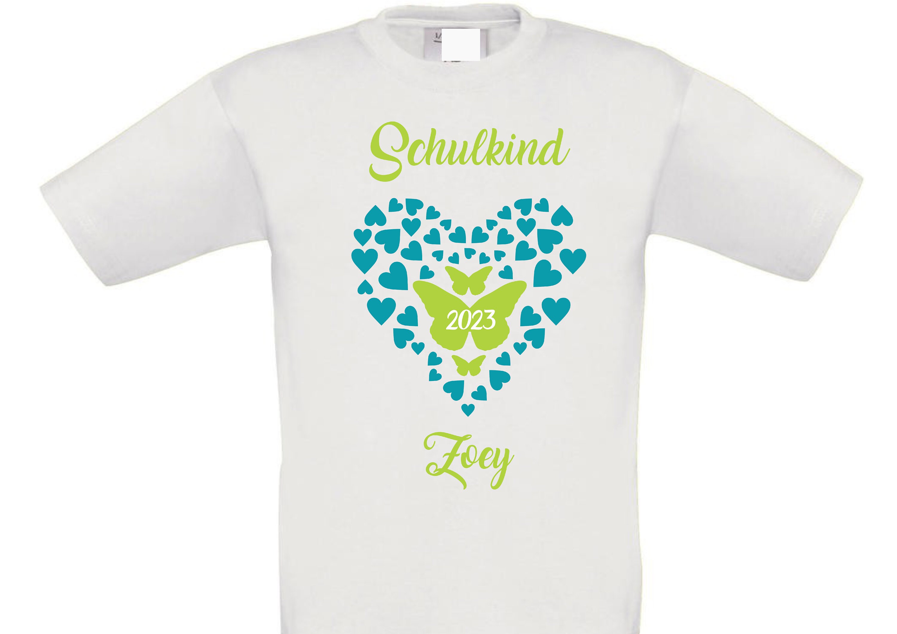 Schmetterling T-Shirt zur Einschulung Schulkind mit Namen und Herz
